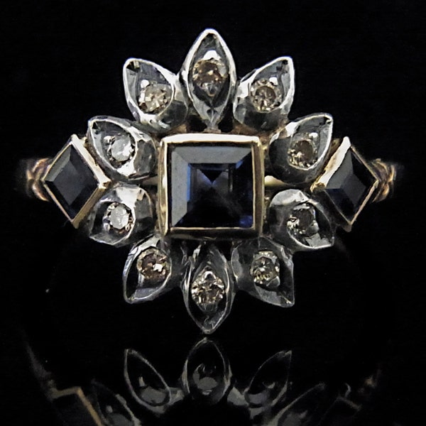 Estate Sapphires Diamonds 18k Yellow Gold Ring Vintage Floral