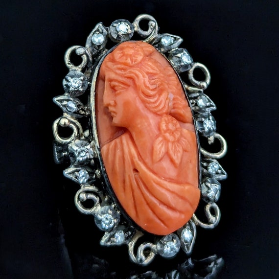 Antique Carved Coral Cameo Diamonds 14k Yellow Go… - image 2