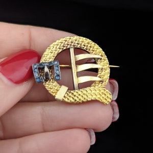 c1800s French 18k Gold Diamonds Sapphires Buckle Brooch Pin Victorian Antique LAYAWAY AVAILABLE