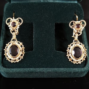 Vintage Garnet Pearl 14k Yellow Gold Wirework Earrings Drops Dangle Estate Gift LAYAWAY AVAILABLE
