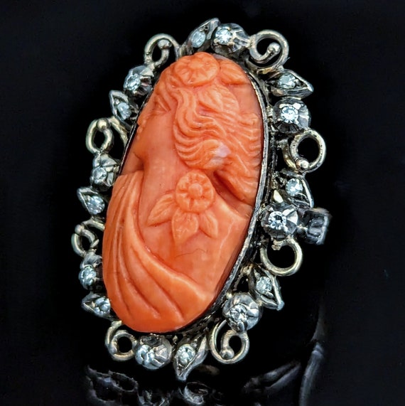 Antique Carved Coral Cameo Diamonds 14k Yellow Go… - image 3