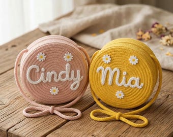 Custom Name Straw Purse | Daisy Woven Crossbody Bag | Kids Boho Summer Accessory