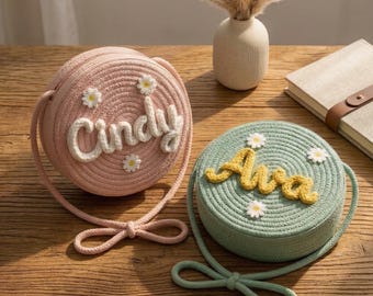 Custom Name Straw Purse | Daisy Woven Crossbody Bag | Kids Boho Summer Accessory