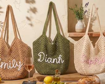 Personlig virkad strandväska i nät, handvävd tygväska i makramé med 3D-bokstäver, brudtärnepresent, bohemisk sommarväska