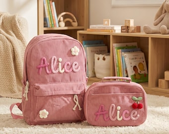 Conjunto personalizado de mochila y bolsa para el almuerzo de pana, bolsa para guardería con nombre personalizado