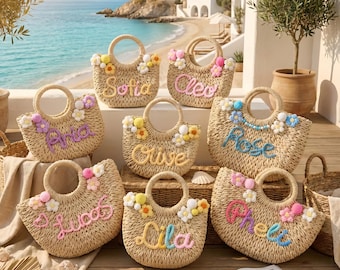 Spersonalizowana torba plażowa ze słomy, ręcznie tkana torba z monogramem, torba na wakacje w stylu boho
