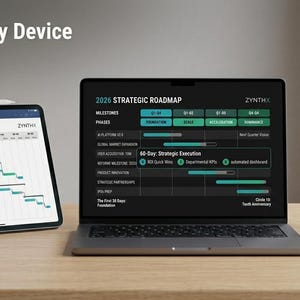 Könnte beinhalten: Eine digitale Projekt-Roadmap wird auf einem Tablet, Laptop und Smartphone angezeigt. Der Laptop und das Smartphone zeigen eine strategische Roadmap 2026. Das Tablet zeigt eine Projekt-Roadmap. Der Text "Access on Any Device" steht oben.