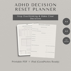 Puede incluir: Un planificador digital de reinicio de decisiones para el TDAH con el texto "ADHD DECISION RESET PLANNER" y "Stop Overthinking & Make Clear Decisions". Incluye una tableta y papel con plantillas de toma de decisiones. Disponible en A4, A5 y US Letter.