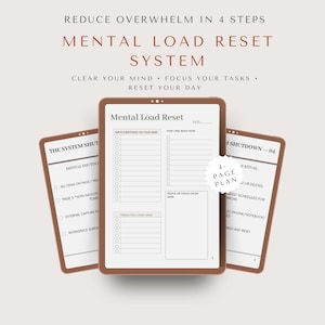 Może przedstawiać: Trzy tablety cyfrowe z brązową obwódką są wyświetlane na neutralnym tle. Tablety zawierają tekst "Mental Load Reset System" i "Reduce Overwhelm in 4 Steps". Centralny tablet wyświetla listę kontrolną.