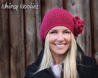 Crochet Hat Pattern: Crochet Beret, Crochet Flower,  'Raspberry Beret', Toddler thru Adult