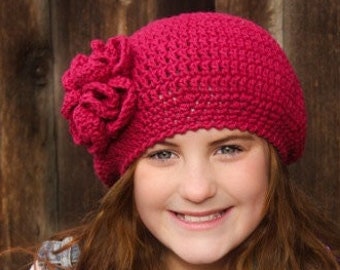 CROCHET HAT PATTERN: Crochet Beret, Crochet Flower, Winter Accessories, Toddler to Adult