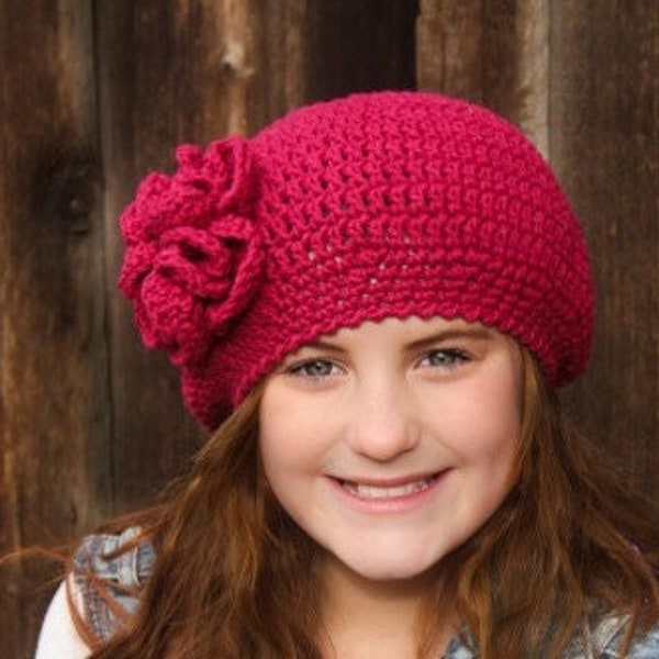 CROCHET HAT PATTERN: Crochet Beret, Crochet Flower, Winter Accessories, Toddler to Adult