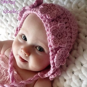 Baby Girl Crochet Hat pattern: 'Wild Rose', Crochet Hat & Legwarmers, Crochet Flower Embellishment, Newborn to Toddler image 1