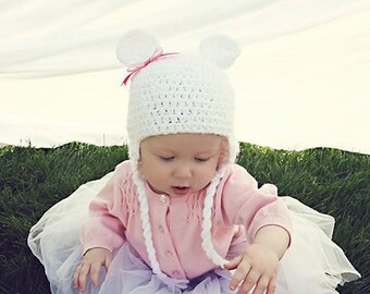 Crochet Hat Pattern:  with Crochet Heart or Fabric Bow, 'Marshmallow Bear'