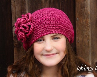 Crochet Hat Pattern: Crochet Beret, Crochet Flower,  'Raspberry Beret', Toddler thru Adult