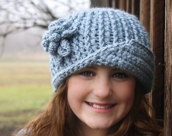 CROCHET HAT PATTERN: 'Vintage Twist Blossom' with Crochet Flower, Winter Fashion