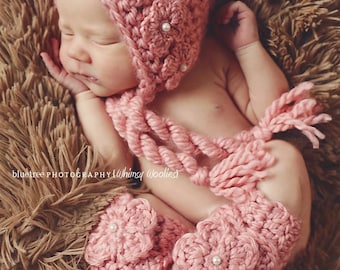 CROCHET HAT PATTERN: Crochet Bonnet, Leg Warmers, Crochet Flower, 0-3mo, 6-12mo & Toddler, 'Wild Rose'