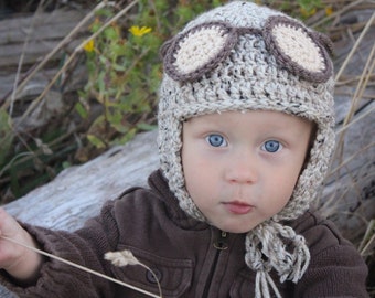 Boys Crochet Hat Pattern: Crochet Pilot Hat, Crochet Aviator Hat, 3 months to 5 years.