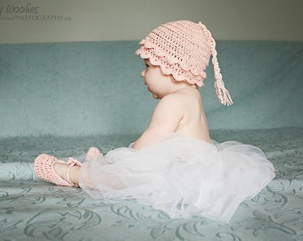 Baby Crochet Hat Pattern: "Vintage Pearls" Crochet Hat, Booties/Ballet Slippers, Pearls(0-3 mo, 6-9 mo & 12mo)