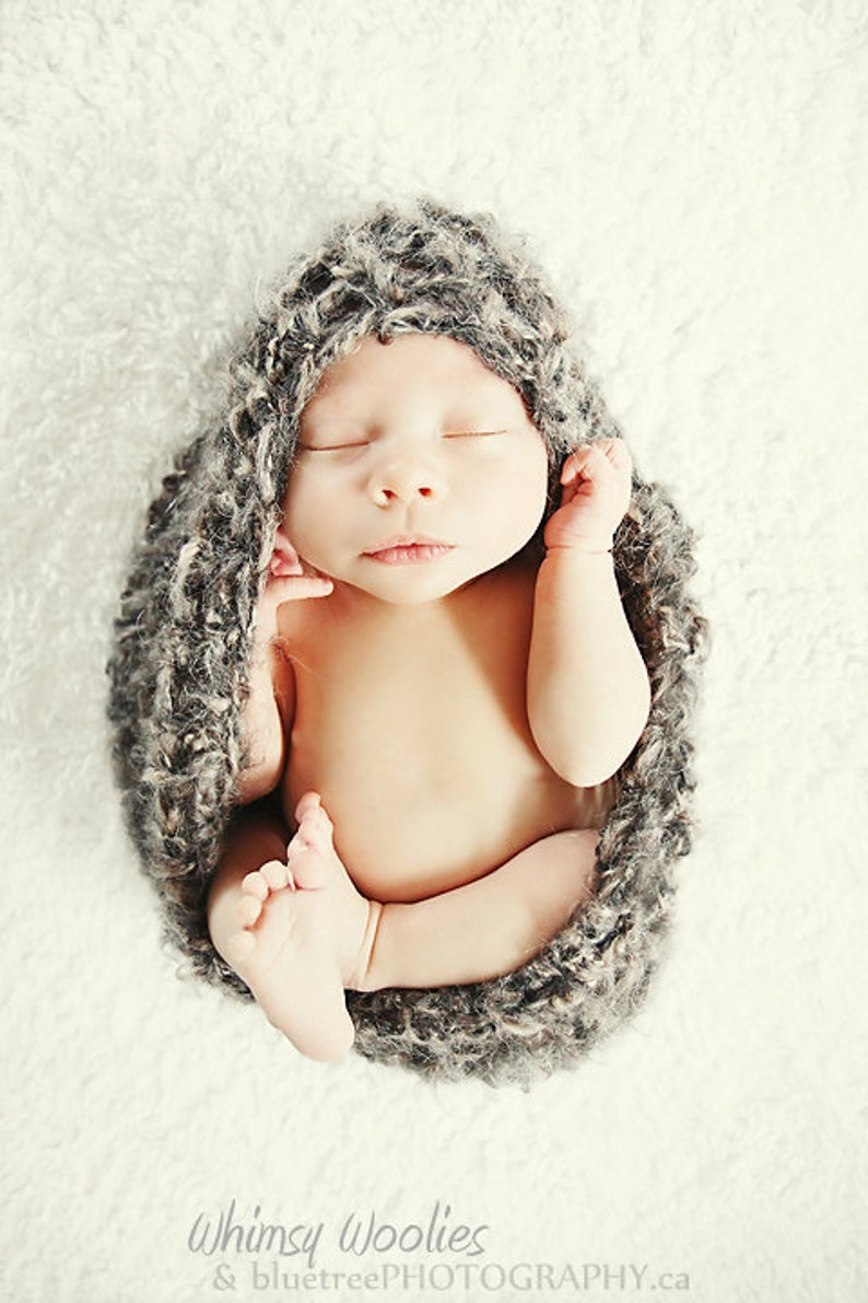 May include: A newborn baby swaddled in a gray, textured wrap, lying peacefully with eyes closed. The baby is nestled on a soft, white, fluffy surface. The image has a soft, warm tone, with the words "Whimsy Woolies" and "bluetreePHOTOGRAPHY.ca" at the bottom.