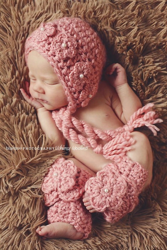 Crochet Hat Pattern: Baby Crochet Hat, Crochet Bonnet, Crochet Leg Warmers, Crochet Flowers, 0-3mo, 6-12mo & Toddler, 'Wild Rose'