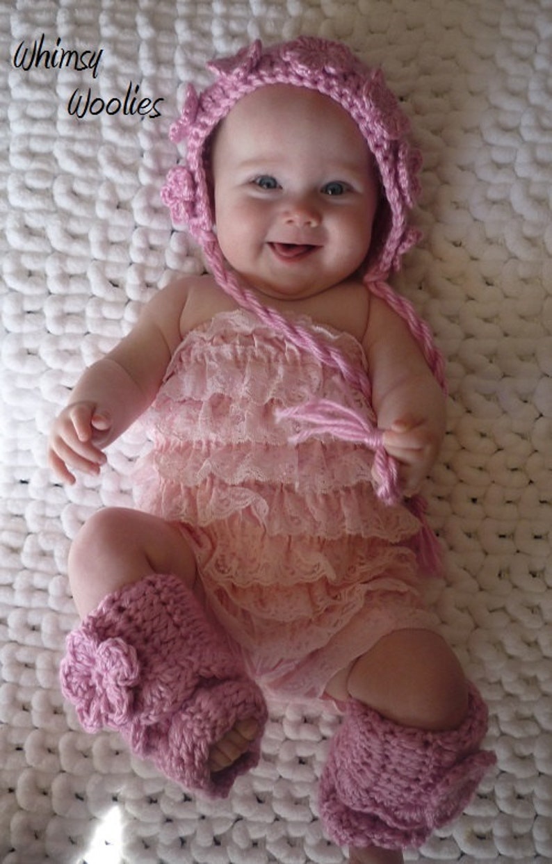 Crochet Hat Pattern: Baby Crochet Hat, Crochet Bonnet, Crochet Leg Warmers, Crochet Flowers, 0-3mo, 6-12mo & Toddler, 'Wild Rose' image 3