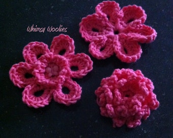 Crochet Flower Pattern: Assorted Flower Embellishment, Set of 3, DiY Crochet Flowers