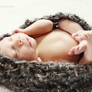 May include: A newborn baby peacefully sleeps inside a soft, gray and white textured nest. The baby's delicate features are visible, with tiny feet and hands gently resting. The image is set against a white, fluffy background.