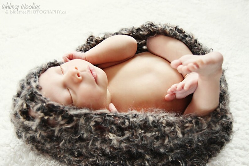 May include: A newborn baby peacefully sleeps inside a soft, gray and white textured nest. The baby's delicate features are visible, with tiny feet and hands gently resting. The image is set against a white, fluffy background.