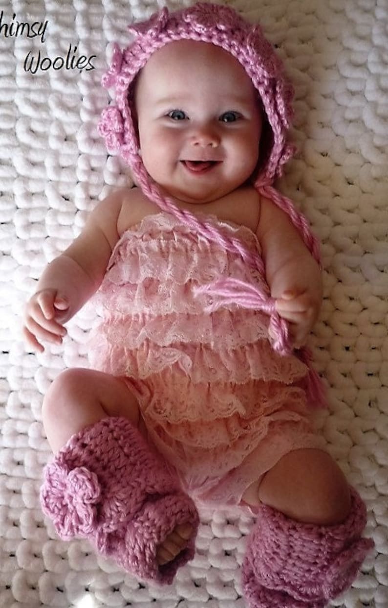 Baby Girl Crochet Hat pattern: 'Wild Rose', Crochet Hat & Legwarmers, Crochet Flower Embellishment, Newborn to Toddler image 2