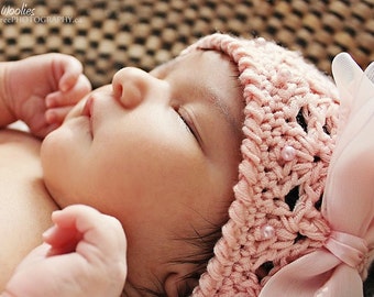 Crochet Baby Hat Pattern: 'Angel Cake' Crochet Beanie, Christening hat, Fabric Bow DIY, Crochet Flowers