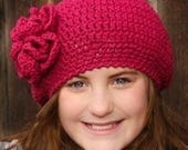 Crochet Beret Pattern, Crochet Flower Pattern, Winter Crochet Hat Pattern, Toddler to Adult Crochet Pattern, DK Weight, 'Raspberry Beret'