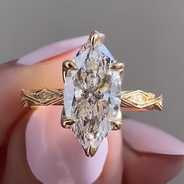 Vintage 3 CT Marquise Diamond Moissanite Engagement Ring Art Deco Engraved Solitaire Ring, 14K Solid Gold Wedding & Anniversary Gift for Her