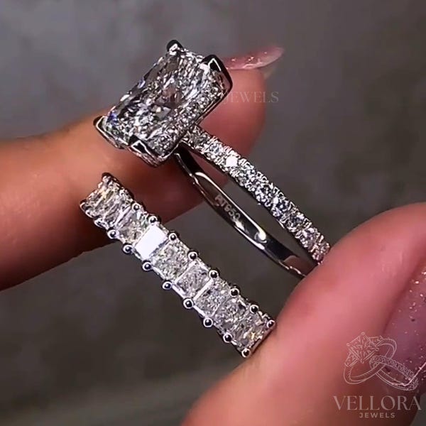 3 CT Radiant Cut Moissanite Wedding Bridal Set, 14K Solid White Gold, Half Eternity Radiant Band, Unique Radiant Diamond Engagement Ring Set
