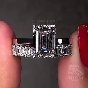 4 CT Emerald Cut Moissanite Engagement Bridal Ring Set, 14K Solid Gold, Half Eternity Emerald Matching Wedding Band, Hidden Halo Bridal Ring