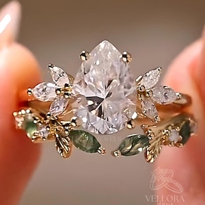 Pear Cut Moissanite Engagement Ring Set, Leaf Wedding Ring Set, Vintage Style Marquise Diamond Cluster Bridal Set Anniversary Ring for Women