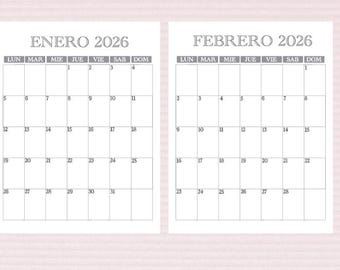 calendario 2026 digital imprimible en español, calendario mensual vertical, descarga PDF, diseño minimalista