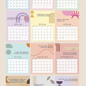 May include: A 2026 wall calendar with motivational quotes for each month. Each month has a different pastel colour background and a minimalist design. The calendar includes the months of January through December.