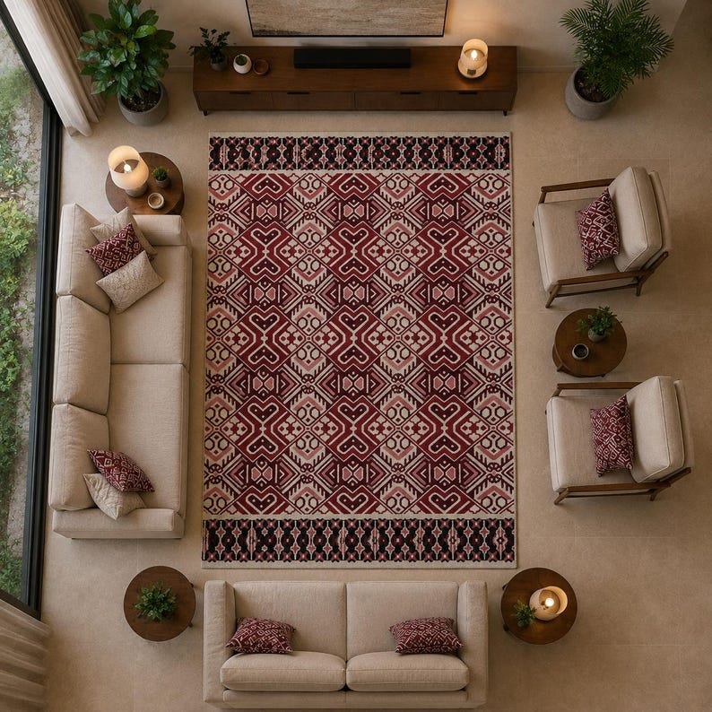 Red and cream geometric rug with black decorative border and handmade texture