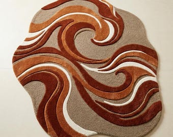 Abstract Hand Tufted Rug, Organic Shape Area Rug, Retro Wave Carpet, Neutral Beige Brown Rug, Modern Boho Home Decor, Irregular Shape Rug.