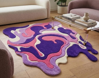 Hand Tufted Abstract Rug, Irregular Purple Pink Modern Carpet, Funky Statement 8x6 ft