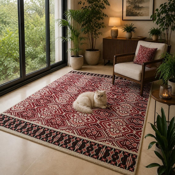 Hand Tufted Wool Geometric Rug, Red Black Cream Tribal Inspired Boho Carpet