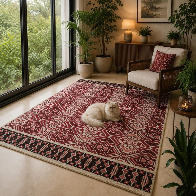 Modern boho rug with red black and ivory geometric pattern and handmade finish