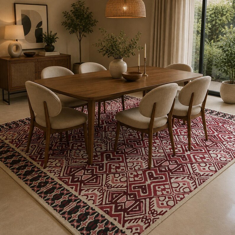 Boho geometric area rug with deep burgundy black and ivory handmade pattern