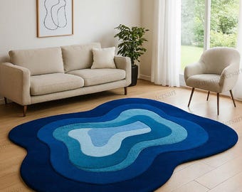 Wavy Blue Abstract Rug Hand-Tufted Wool Ocean Carpet 8x10 Rug, Rug For Living Room.