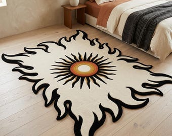 Hand Tufted Sun Flame Rug, Retro Boho Area Rug, Abstract Sunburst Carpet, Scandinavian Modern Floor Rug, Aesthetic Bedroom Decor.