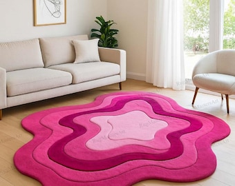Pink Hand Tufted Rug, Abstract Wavy Area Rug, Irregular Shaped Modern Carpet, Funky Contemporary Rug, Aesthetic Bedroom Living Room Decor