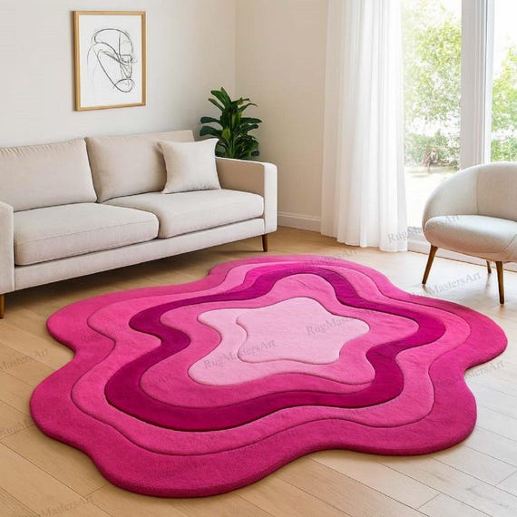 Pink Wavy Rug, Abstract Blob Area Rug, Hand Tufted Irregular Shape Rug, Coquette Room Decor, Aesthetic Bedroom Rug, Cute Girly  Carpet.
