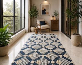 May include: A rectangular area rug featuring a repeating geometric pattern of dark blue and cream-colored diamonds. Each diamond contains smaller, concentric square lines that create a textured, linear effect across the entire surface of the rug.