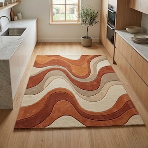 Hand Tufted Abstract Rug, Modern Boho Area Rug, Neutral Terracotta Carpet, Wavy Pattern Rug, Bedroom Living Room Decor, Soft Plush Floor Rug